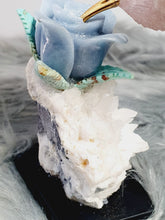 Load image into Gallery viewer, Peruvian Hand Carved Rose Quartz/ Blue Opal/ Mookaite Hummingbird on Angelite/ Turquoise Flower Stilbite Base