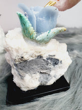 Load image into Gallery viewer, Peruvian Hand Carved Rose Quartz/ Blue Opal/ Mookaite Hummingbird on Angelite/ Turquoise Flower Stilbite Base