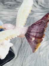 Load image into Gallery viewer, Peruvian Hand Carved Rose Quartz/ Blue Opal/ Mookaite Hummingbird on Angelite/ Turquoise Flower Stilbite Base