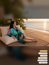 Load image into Gallery viewer, Woman relaxing on floor cushions on a beach deck at sunset in the Ocean Muse silk peignoir, ombré cuff and hem style with black trim and tie
