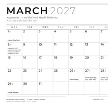 Load image into Gallery viewer, Close-up of the March 2027 date page showing the aquamarine definition, an inspirational line and marked public holidays
