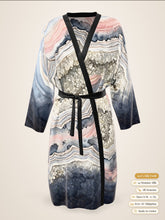 Load image into Gallery viewer, Geode Gate silk peignoir, ombré cuff and hem style with black trim, front view
