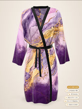 Load image into Gallery viewer, Lilac Sanctum silk peignoir, ombré cuff and hem style with black trim, front view
