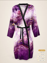 Load image into Gallery viewer, Purple Heartstone silk peignoir, ombré cuff and hem style with black trim, front view
