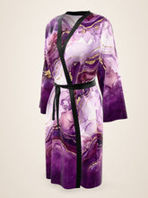 Load image into Gallery viewer, Purple Heartstone silk peignoir, ombré cuff and hem style with black trim, three-quarter front view
