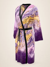 Load image into Gallery viewer, Lilac Sanctum silk peignoir, ombré cuff and hem style with black trim, three-quarter front view
