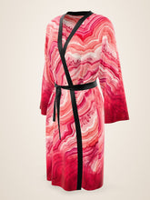Load image into Gallery viewer, Blush Hollow silk peignoir, ombré cuff and hem style with black trim, three-quarter front view
