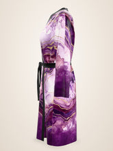 Load image into Gallery viewer, Purple Heartstone silk peignoir, ombré cuff and hem style with black trim, side view
