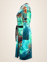 Load image into Gallery viewer, Ocean Muse silk peignoir, ombré cuff and hem style with black trim, side view
