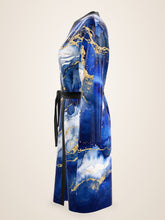 Load image into Gallery viewer, Royal Lapis silk peignoir, ombré cuff and hem style with black trim, side view
