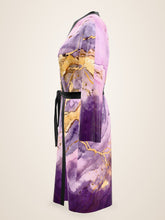 Load image into Gallery viewer, Lilac Sanctum silk peignoir, ombré cuff and hem style with black trim, side view

