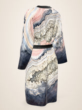 Load image into Gallery viewer, Geode Gate silk peignoir, ombré cuff and hem style with black trim, three-quarter back view
