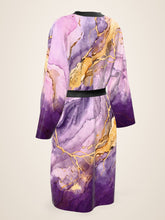 Load image into Gallery viewer, Lilac Sanctum silk peignoir, ombré cuff and hem style with black trim, three-quarter back view
