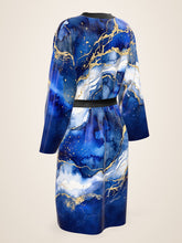 Load image into Gallery viewer, Royal Lapis silk peignoir, ombré cuff and hem style with black trim, three-quarter back view
