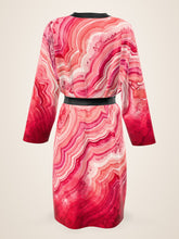 Load image into Gallery viewer, Blush Hollow silk peignoir, ombré cuff and hem style with black trim, back view with no outside logo
