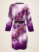 Load image into Gallery viewer, Purple Heartstone silk peignoir, ombré cuff and hem style with black trim, back view with no outside logo
