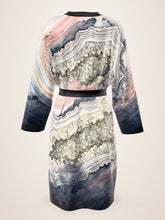 Load image into Gallery viewer, Geode Gate silk peignoir, ombré cuff and hem style with black trim, back view with no outside logo
