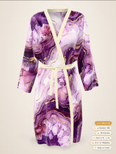 Load image into Gallery viewer, Purple Heartstone silk peignoir, classic style with ivory trim, front view

