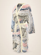 Load image into Gallery viewer, Geode Gate silk peignoir, classic style with ivory trim, three-quarter front view
