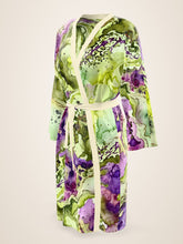 Load image into Gallery viewer, Sunken Atlantis silk peignoir, classic style with ivory trim, three-quarter front view
