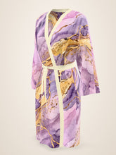 Load image into Gallery viewer, Lilac Sanctum silk peignoir, classic style with ivory trim, three-quarter front view
