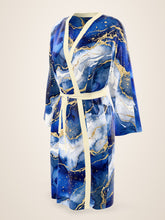 Load image into Gallery viewer, Royal Lapis silk peignoir, classic style with ivory trim, three-quarter front view
