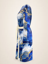 Load image into Gallery viewer, Royal Lapis silk peignoir, classic style with ivory trim, side view
