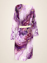 Load image into Gallery viewer, Purple Heartstone silk peignoir, classic style with ivory trim, three-quarter back view
