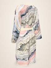 Load image into Gallery viewer, Geode Gate silk peignoir, classic style with ivory trim, three-quarter back view
