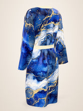 Load image into Gallery viewer, Royal Lapis silk peignoir, classic style with ivory trim, three-quarter back view
