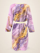Load image into Gallery viewer, Lilac Sanctum silk peignoir, classic style with ivory trim, back view with no outside logo

