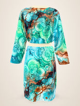 Load image into Gallery viewer, Ocean Muse silk peignoir, classic style with ivory trim, back view with no outside logo
