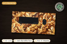 Load image into Gallery viewer, Honeyed Cavern Crystal Cave Desk Mat, 16 x 32 in, on a dark desk
