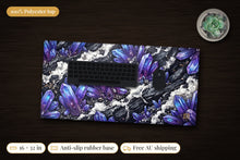Load image into Gallery viewer, Violet Vault Crystal Cave Desk Mat, 16 x 32 in, on a dark desk
