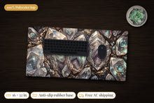 Load image into Gallery viewer, Water Chamber Crystal Cave Desk Mat, 16 x 32 in, on a dark desk
