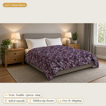 Load image into Gallery viewer, Majestical Amethyst cotton sateen duvet cover on a bed: 100% cotton sateen, twin, double, queen and king sizes, soft and smooth, hidden zip closure, free Australian shipping
