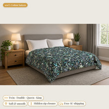 Load image into Gallery viewer, Majestical Aquamarine cotton sateen duvet cover on a bed: 100% cotton sateen, twin, double, queen and king sizes, soft and smooth, hidden zip closure, free Australian shipping
