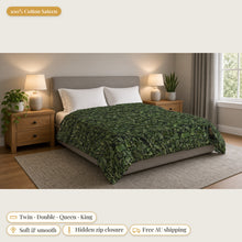 Load image into Gallery viewer, Majestical Moldavite cotton sateen duvet cover on a bed: 100% cotton sateen, twin, double, queen and king sizes, soft and smooth, hidden zip closure, free Australian shipping
