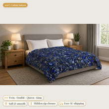Load image into Gallery viewer, Majestical Sapphire cotton sateen duvet cover on a bed: 100% cotton sateen, twin, double, queen and king sizes, soft and smooth, hidden zip closure, free Australian shipping
