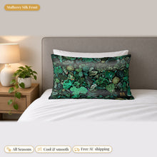 Load image into Gallery viewer, Malachite mulberry silk pillowcase on a bed

