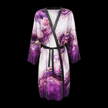 Load 3D model into Gallery viewer, Purple Heartstone silk peignoir, ombré cuff and hem style with black trim, 3D view. Drag to spin
