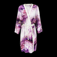 Load 3D model into Gallery viewer, Purple Heartstone silk peignoir, classic style with ivory trim, 3D view. Drag to spin
