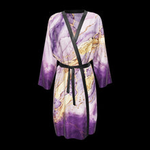 Load 3D model into Gallery viewer, Lilac Sanctum silk peignoir, ombré cuff and hem style with black trim, 3D view. Drag to spin
