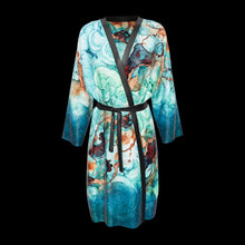 Load 3D model into Gallery viewer, Ocean Muse silk peignoir, ombré cuff and hem style with black trim, 3D view. Drag to spin
