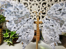 Load image into Gallery viewer, Orbicular Ocean Jasper Butterfly Wings on Stand (605g)
