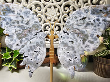 Load image into Gallery viewer, Orbicular Ocean Jasper Butterfly Wings on Stand (605g)

