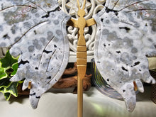 Load image into Gallery viewer, Orbicular Ocean Jasper Butterfly Wings on Stand (605g)
