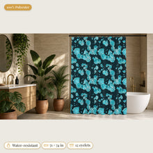 Load image into Gallery viewer, Majestical Aquamarine crystal shower curtain in a bathroom: 100% polyester, water-resistant, 71 x 74 in, 12 eyelets
