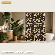 Load image into Gallery viewer, Majestical Champagne Quartz crystal shower curtain in a bathroom: 100% polyester, water-resistant, 71 x 74 in, 12 eyelets
