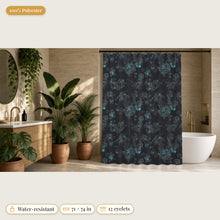 Load image into Gallery viewer, Majestical Labradorite crystal shower curtain in a bathroom: 100% polyester, water-resistant, 71 x 74 in, 12 eyelets
